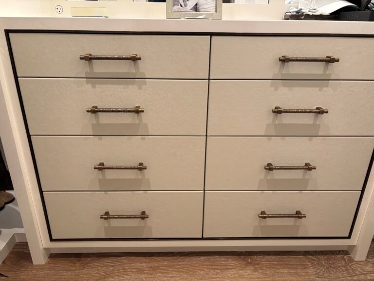 White dresser with bronze pulls assembled and installed, NYC