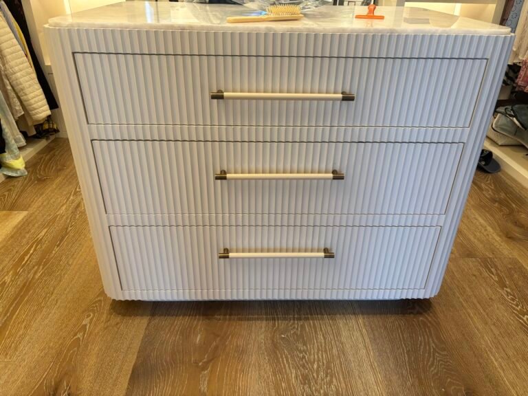 White fluted dresser with brass handles assembled, NYC
