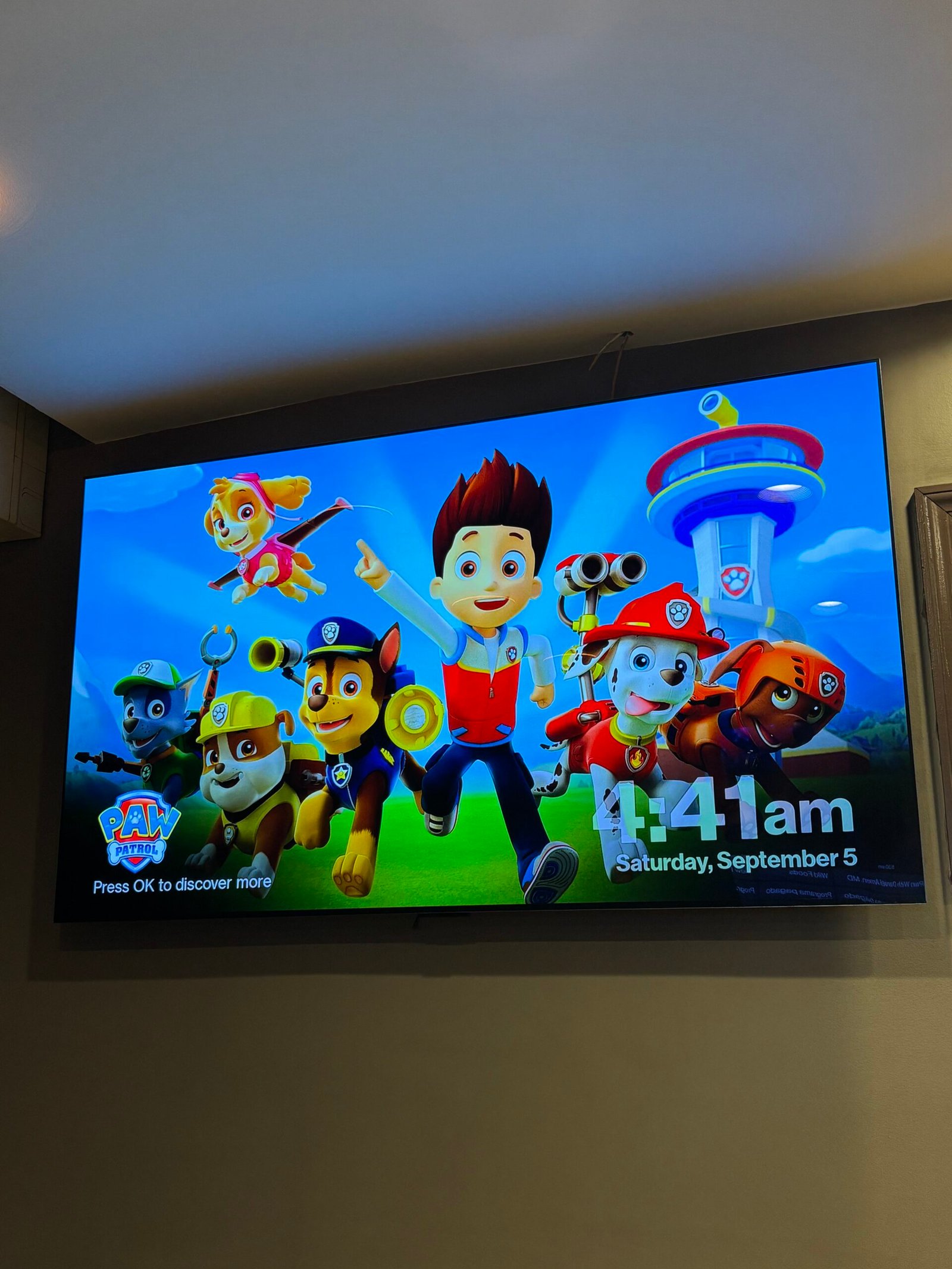 Large TV mounted on a wall showing a kids show, NYC home